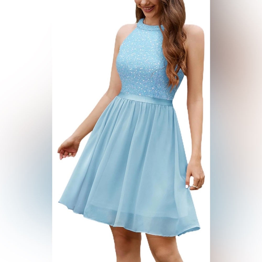 Sz XL Dressystar Women's Short Halter Cocktail Party Dress Lace Tulle Prom Gown